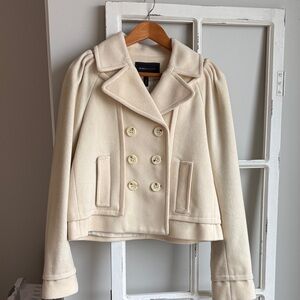 BCBGMaxAzria Cream Double-Breasted Peacoat with Puff Shoulders